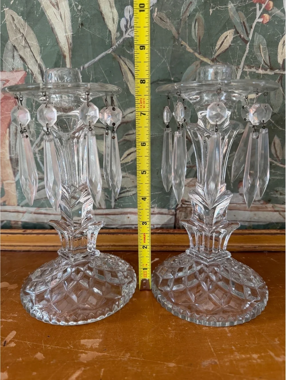 Pair of Vintage Glass Candelabra Candle Holders with Hanging Prisms